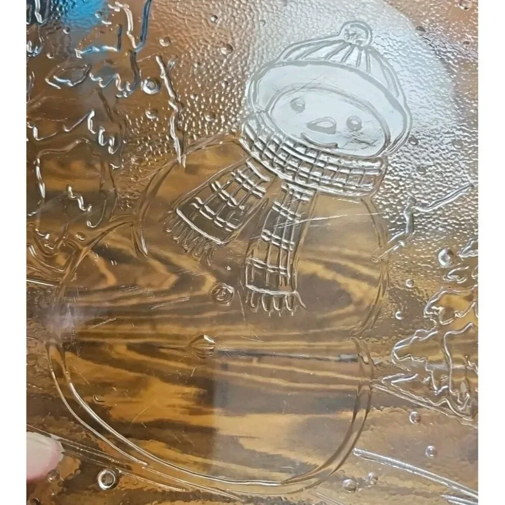 12.5 In Clear Glass Snowman w/Tree Scarf Christmas Dish/Tray/Serving Platter